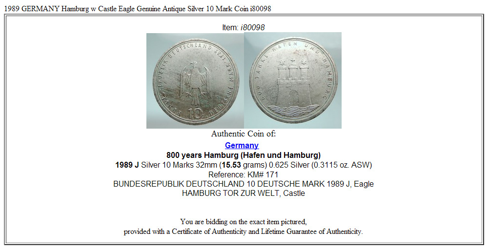 1989 GERMANY Hamburg w Castle Eagle Genuine Antique Silver 10 Mark Coin i80098