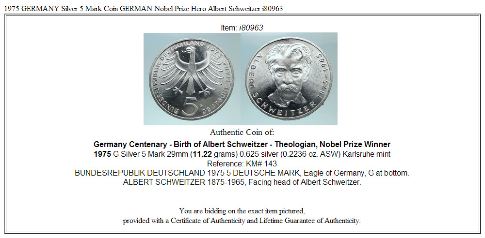 1975 GERMANY Silver 5 Mark Coin GERMAN Nobel Prize Hero Albert Schweitzer i80963