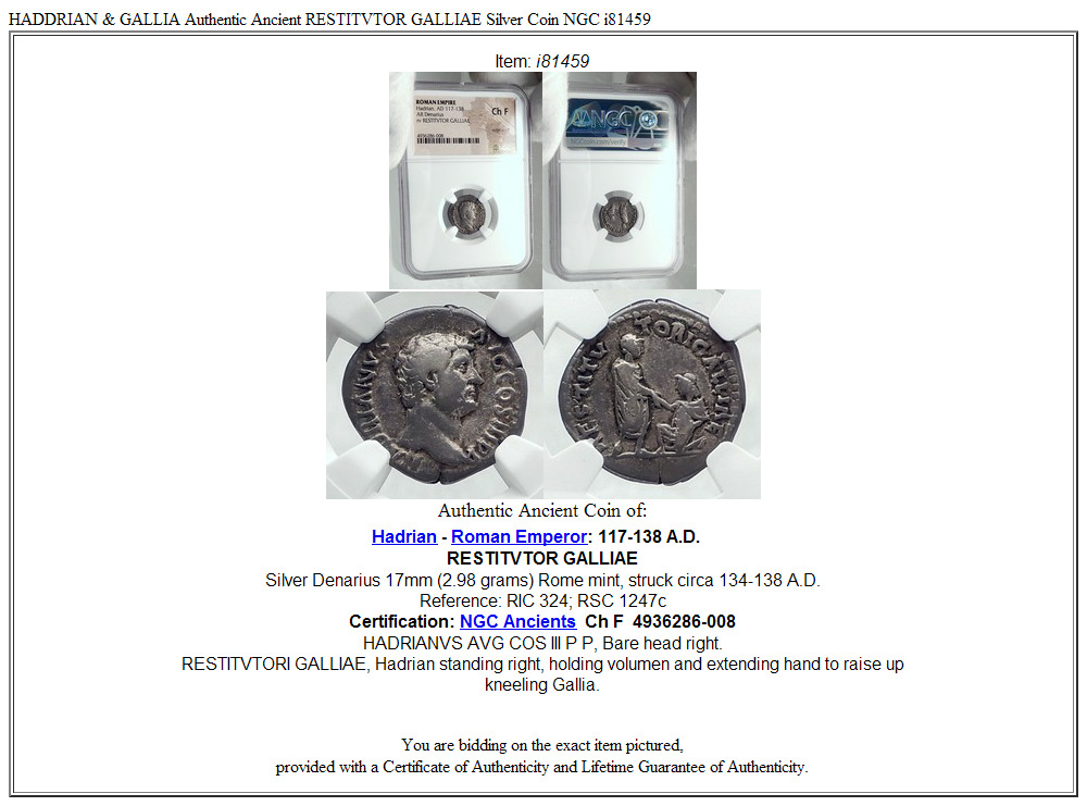 HADDRIAN & GALLIA Authentic Ancient RESTITVTOR GALLIAE Silver Coin NGC i81459