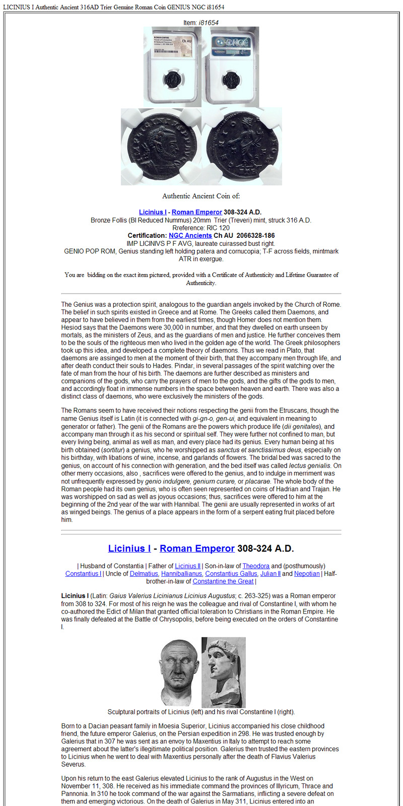 LICINIUS I Authentic Ancient 316AD Trier Genuine Roman Coin GENIUS NGC i81654