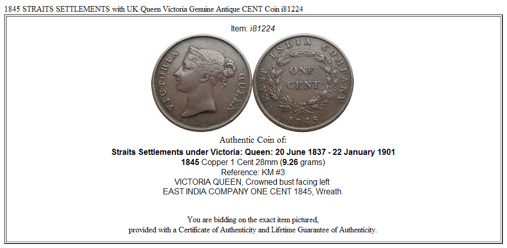 1845 STRAITS SETTLEMENTS with UK Queen Victoria Genuine Antique CENT Coin i81224