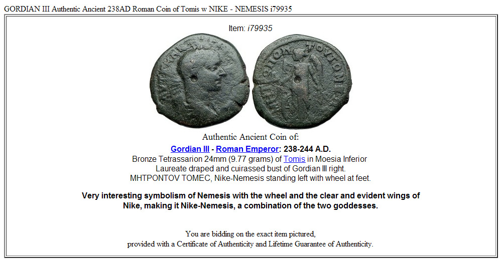 GORDIAN III Authentic Ancient 238AD Roman Coin of Tomis w NIKE - NEMESIS i79935