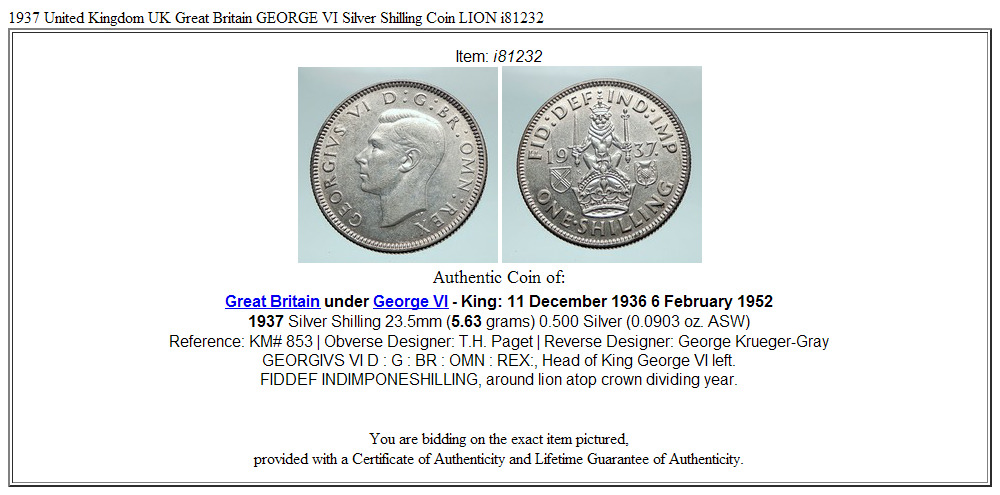 1937 United Kingdom UK Great Britain GEORGE VI Silver Shilling Coin LION i81232