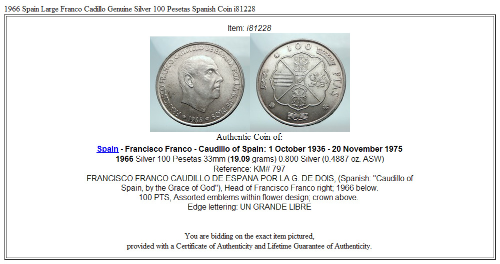 1966 Spain Large Franco Cadillo Genuine Silver 100 Pesetas Spanish Coin i81228