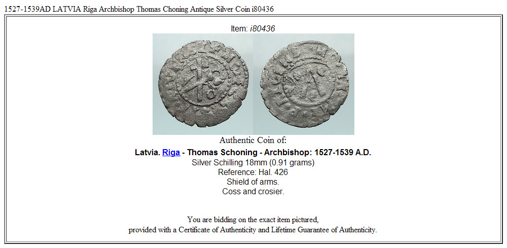 1527-1539AD LATVIA Riga Archbishop Thomas Choning Antique Silver Coin i80436