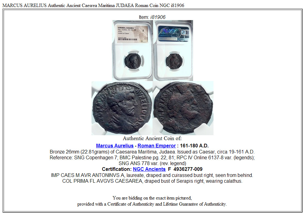 MARCUS AURELIUS Authentic Ancient Caesrea Maritima JUDAEA Roman Coin NGC i81906