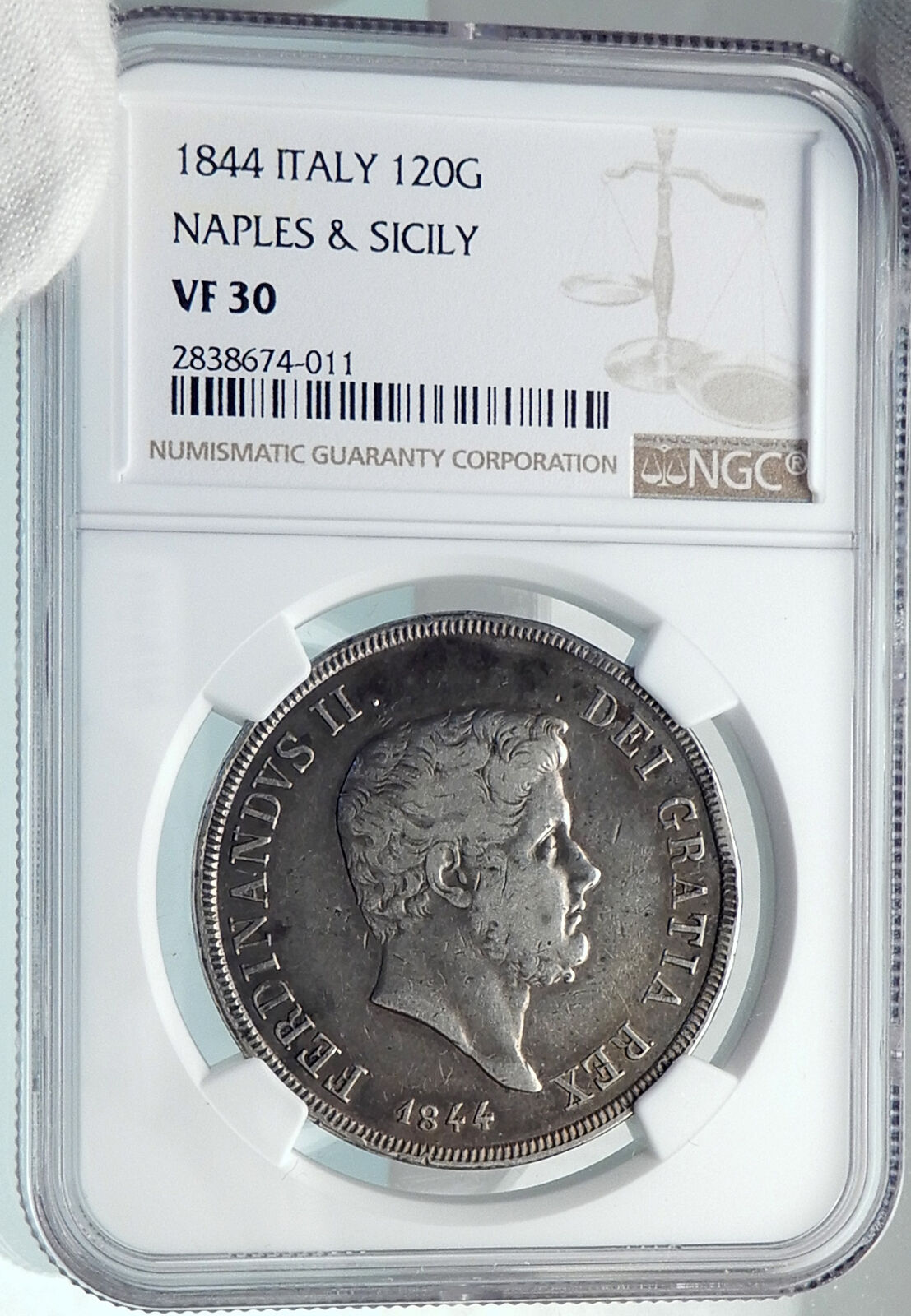 1844 ITALY Italian States NAPLES Kingdom Silver Ferdinand II Coin NGC i81893