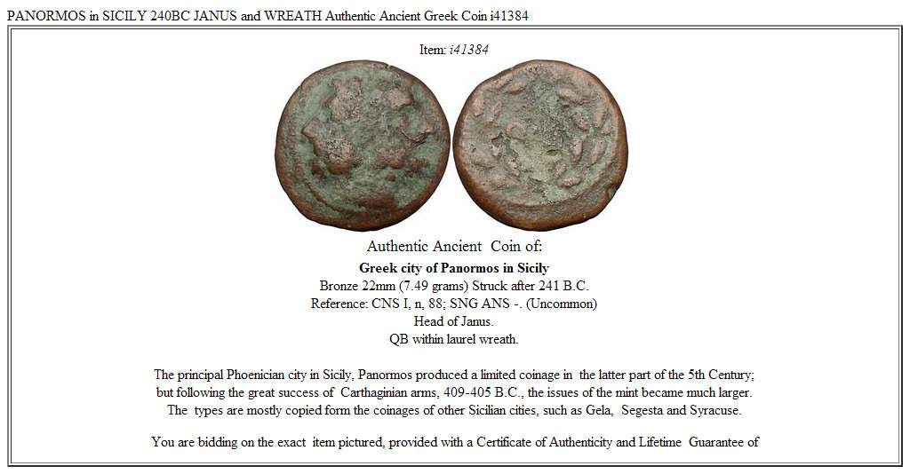 PANORMOS in SICILY 240BC JANUS and WREATH Authentic Ancient Greek Coin i41384