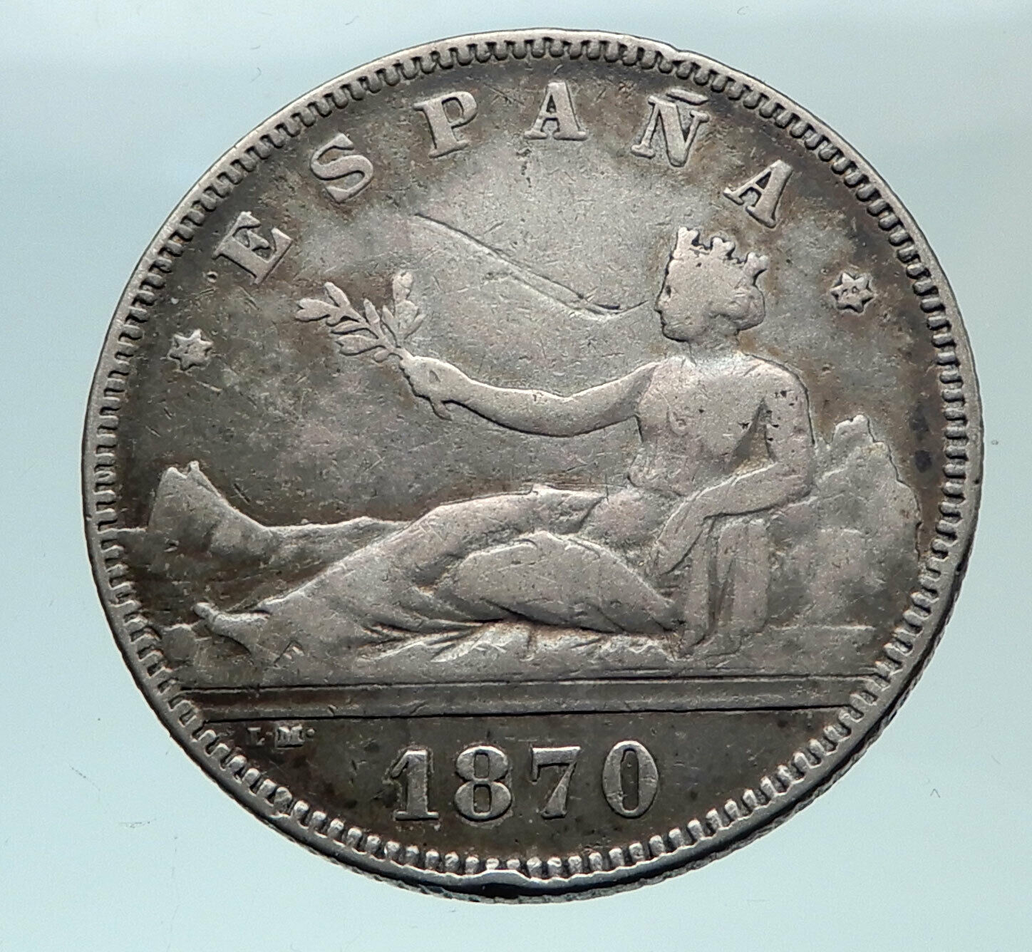 1870 SPAIN Provisional Government Liberty Genuine Silver 2 Pesetas Coin i81566