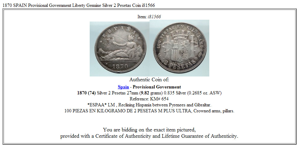 1870 SPAIN Provisional Government Liberty Genuine Silver 2 Pesetas Coin i81566