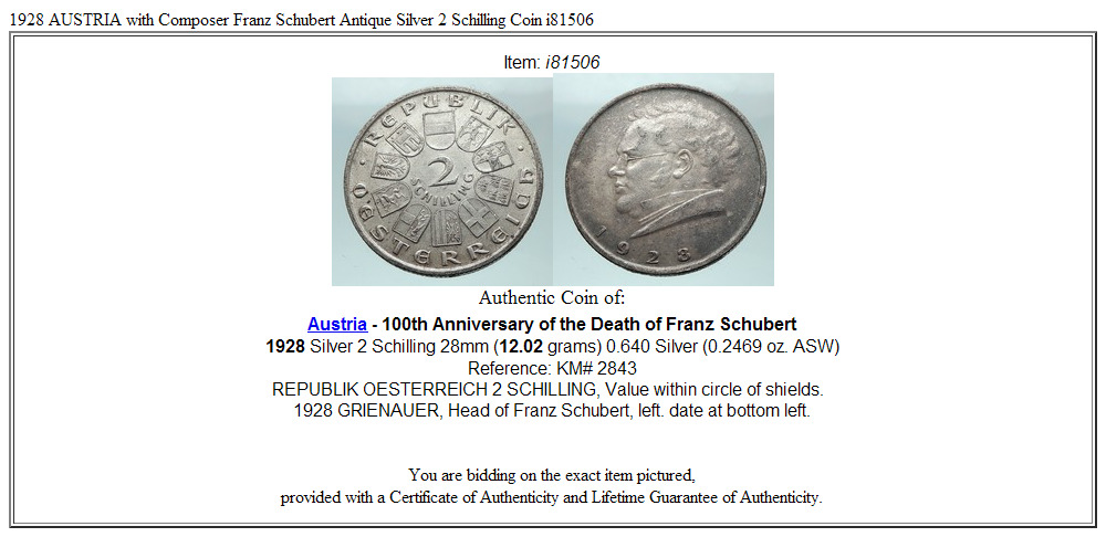 1928 AUSTRIA with Composer Franz Schubert Antique Silver 2 Schilling Coin i81506