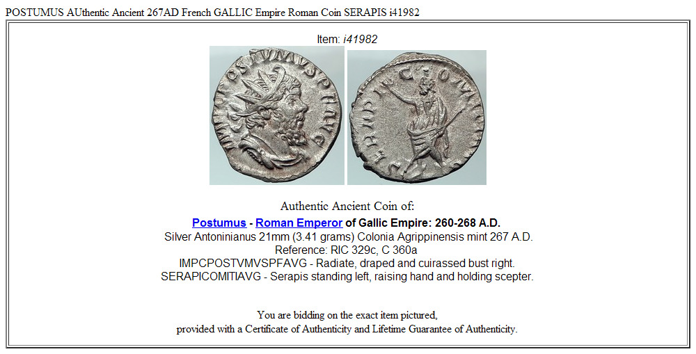 POSTUMUS AUthentic Ancient 267AD French GALLIC Empire Roman Coin SERAPIS i41982