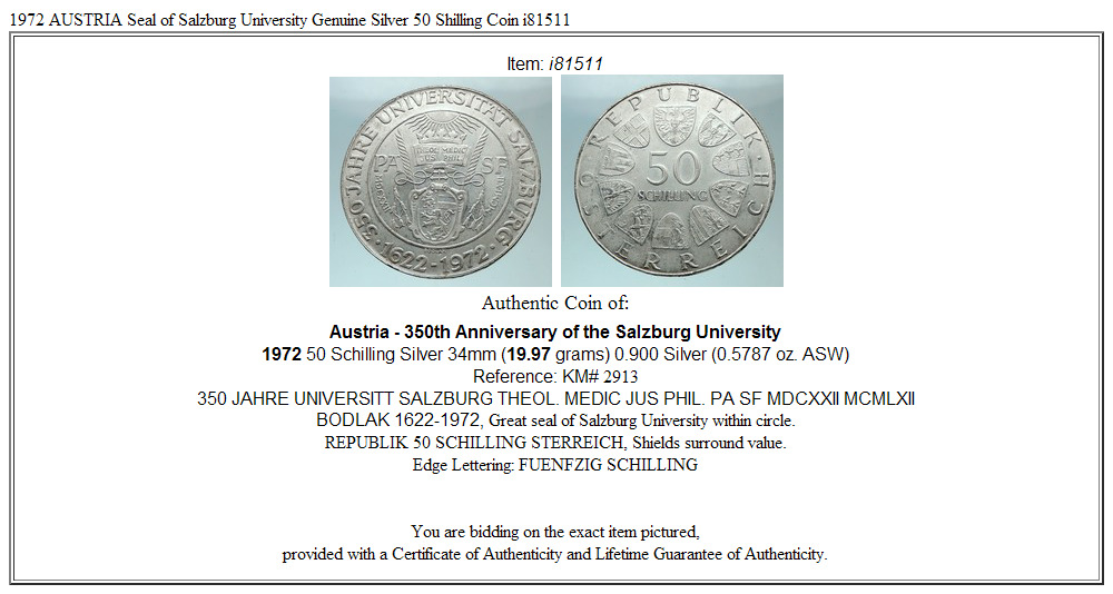 1972 AUSTRIA Seal of Salzburg University Genuine Silver 50 Shilling Coin i81511