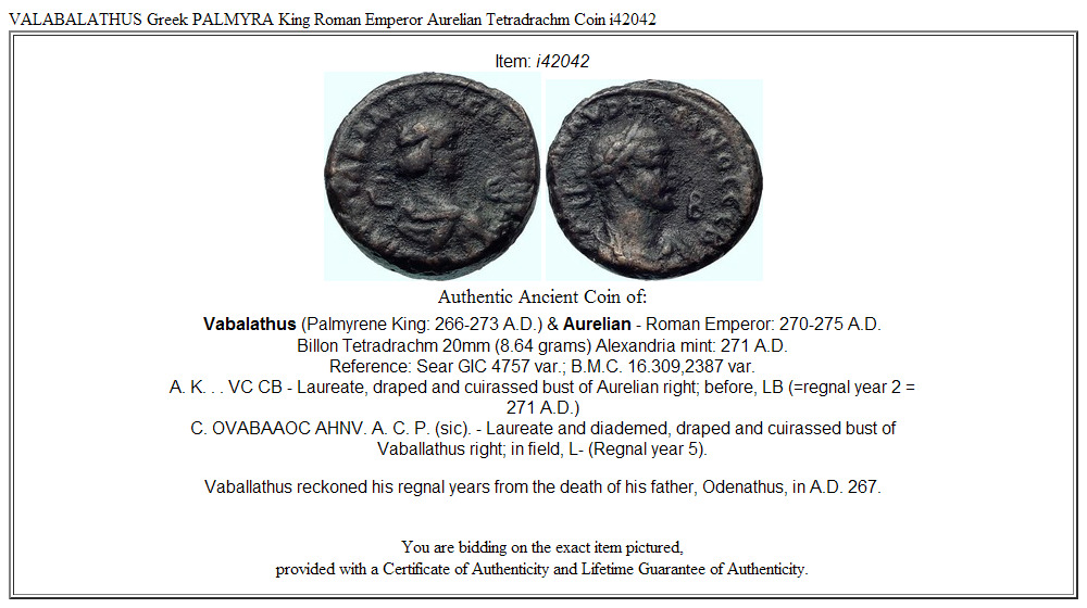 VALABALATHUS Greek PALMYRA King Roman Emperor Aurelian Tetradrachm Coin i42042