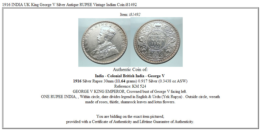 1916 INDIA UK King George V Silver Antique RUPEE Vintage Indian Coin i81492