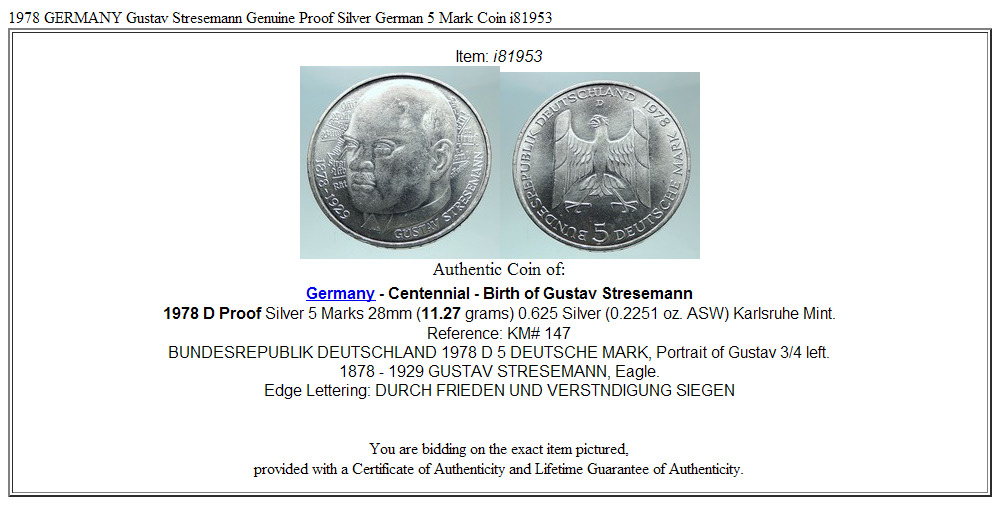 1978 GERMANY Gustav Stresemann Genuine Proof Silver German 5 Mark Coin i81953