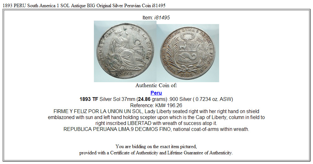 1893 PERU South America 1 SOL Antique BIG Original Silver Peruvian Coin i81495