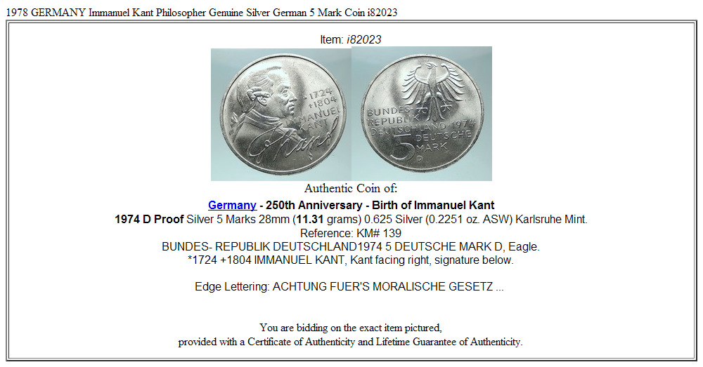 1978 GERMANY Immanuel Kant Philosopher Genuine Silver German 5 Mark Coin i82023