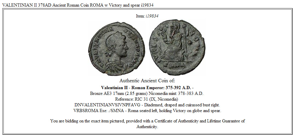 VALENTINIAN II 378AD Ancient Roman Coin ROMA w Victory and spear i19834