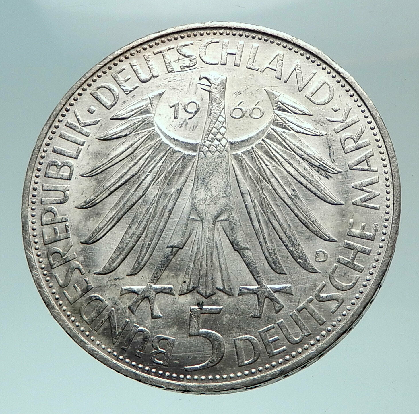 1966 D GERMANY Gottfried Wilhelm Leibniz Large 5 Mark Silver German Coin i82116