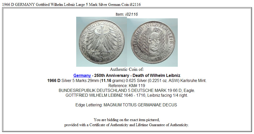 1966 D GERMANY Gottfried Wilhelm Leibniz Large 5 Mark Silver German Coin i82116