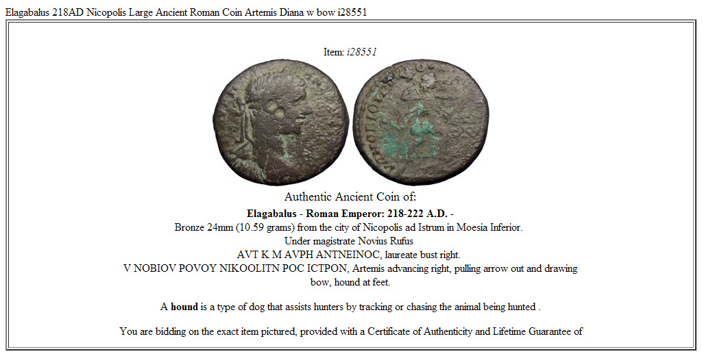 Elagabalus 218AD Nicopolis Large Ancient Roman Coin Artemis Diana w bow i28551