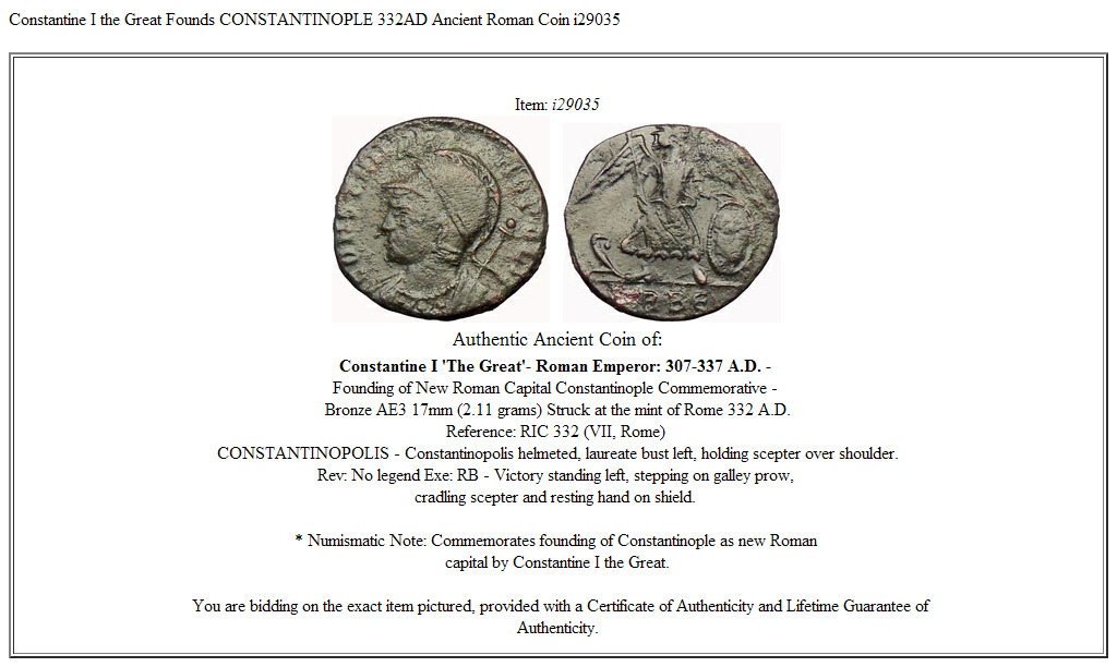 Constantine I the Great Founds CONSTANTINOPLE 332AD Ancient Roman Coin i29035