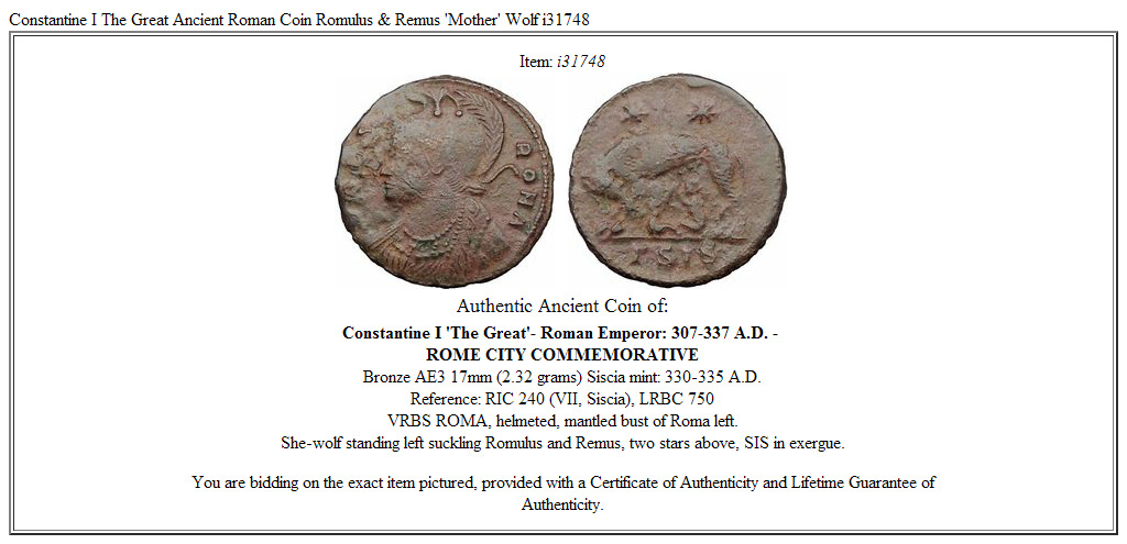 Constantine I The Great Ancient Roman Coin Romulus & Remus 'Mother' Wolf i31748