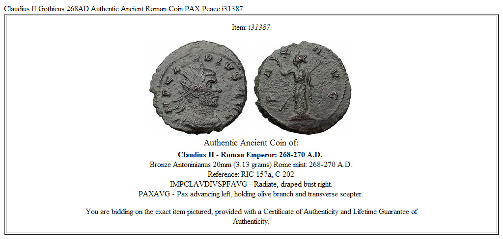 Claudius II Gothicus 268AD Authentic Ancient Roman Coin PAX Peace i31387