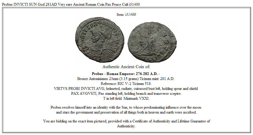 Probus INVICTI SUN God 281AD Very rare Ancient Roman Coin Pax Peace Cult i31400