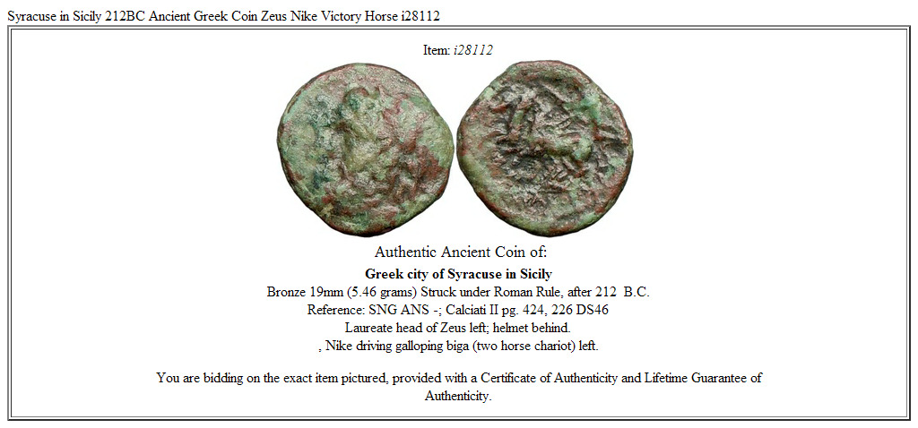 Syracuse in Sicily 212BC Ancient Greek Coin Zeus Nike Victory Horse i28112