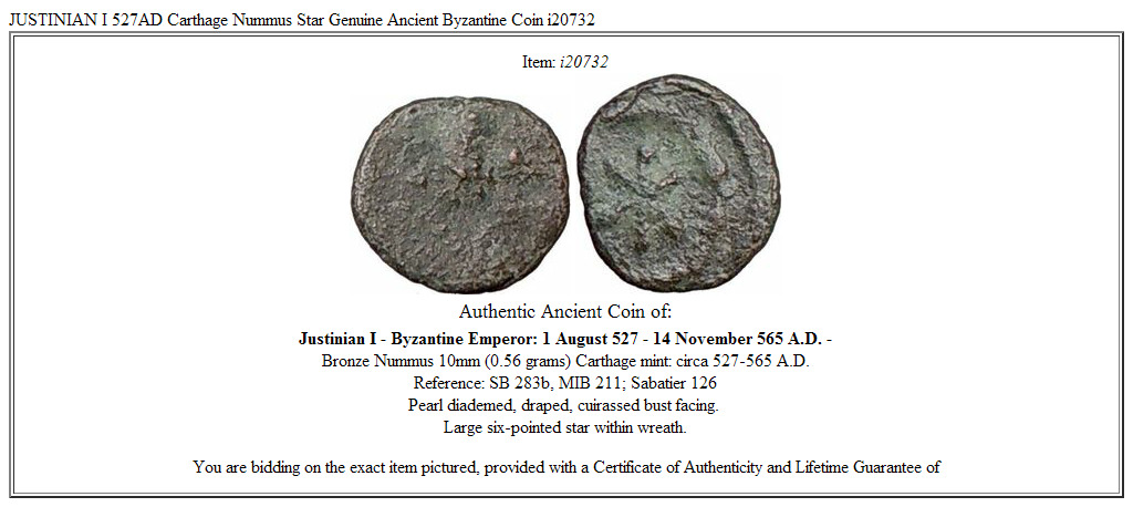 JUSTINIAN I 527AD Carthage Nummus Star Genuine Ancient Byzantine Coin i20732