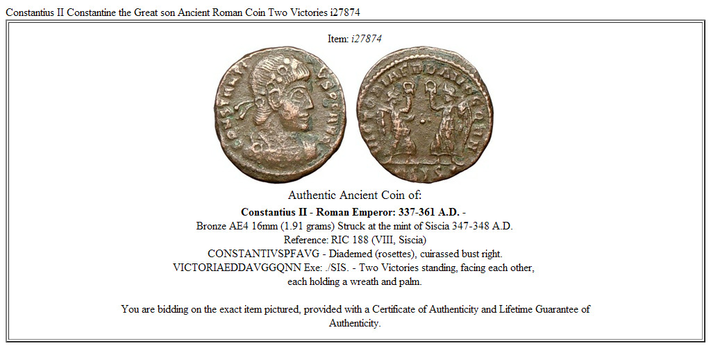 Constantius II Constantine the Great son Ancient Roman Coin Two Victories i27874