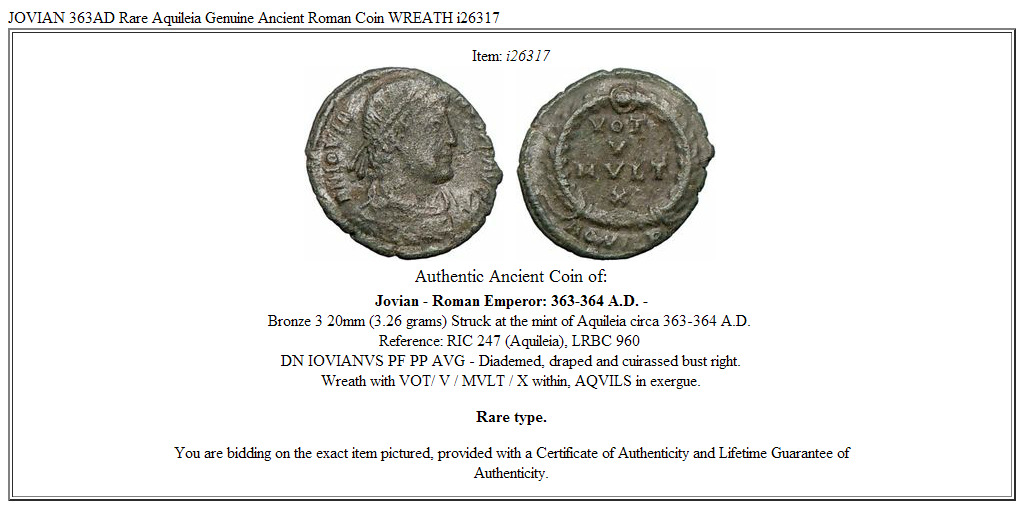 JOVIAN 363AD Rare Aquileia Genuine Ancient Roman Coin WREATH i26317