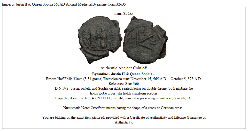 Emperor Justin II & Queen Sophia 565AD Ancient Medieval Byzantine Coin i32635