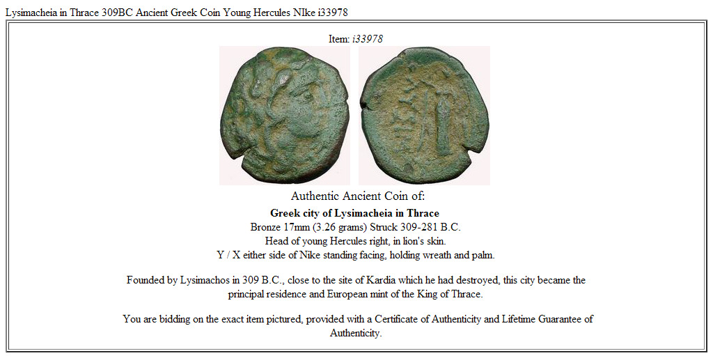 Lysimacheia in Thrace 309BC Ancient Greek Coin Young Hercules NIke i33978