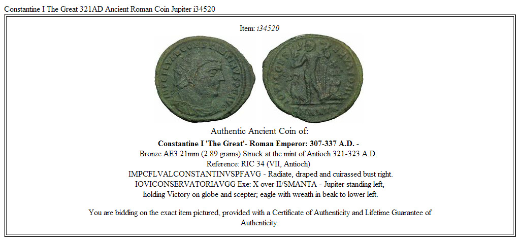 Constantine I The Great 321AD Ancient Roman Coin Jupiter i34520