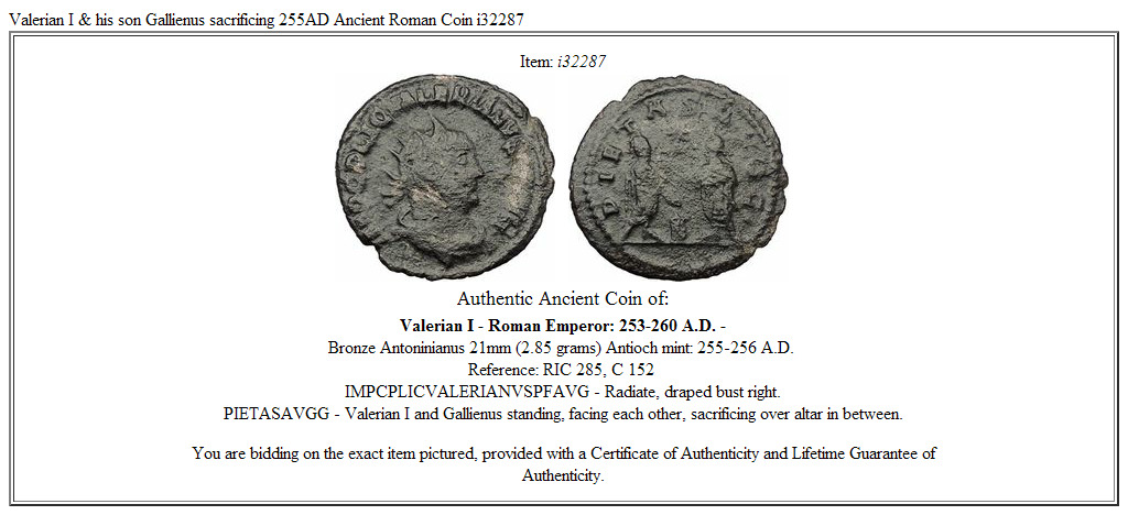 Valerian I & his son Gallienus sacrificing 255AD Ancient Roman Coin i32287