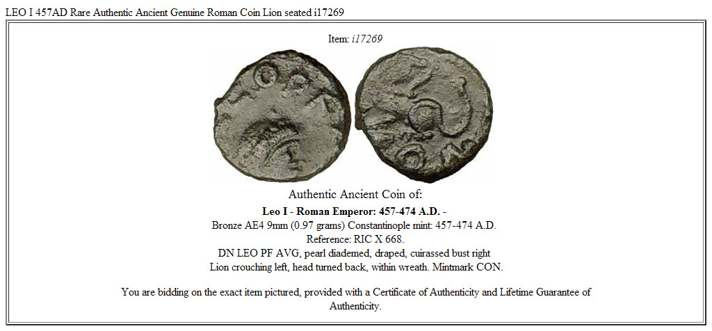 LEO I 457AD Rare Authentic Ancient Genuine Roman Coin Lion seated i17269