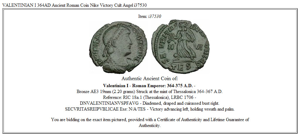 VALENTINIAN I 364AD Ancient Roman Coin Nike Victory Cult Angel i37530