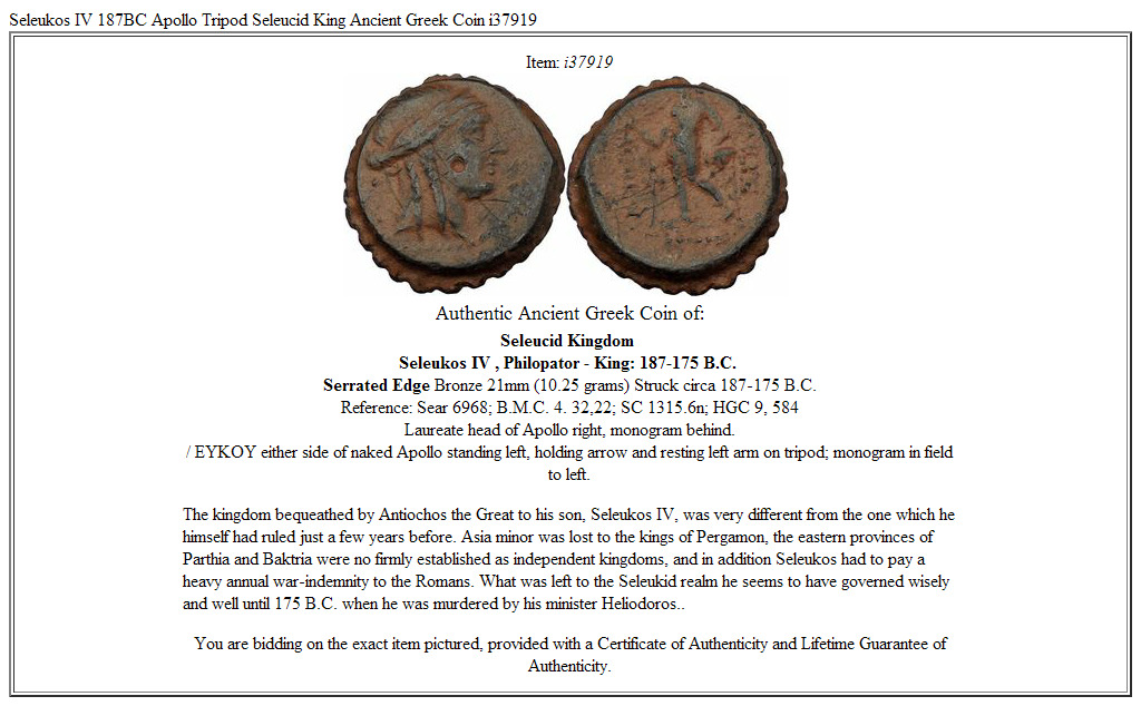 Seleukos IV 187BC Apollo Tripod Seleucid King Ancient Greek Coin i37919