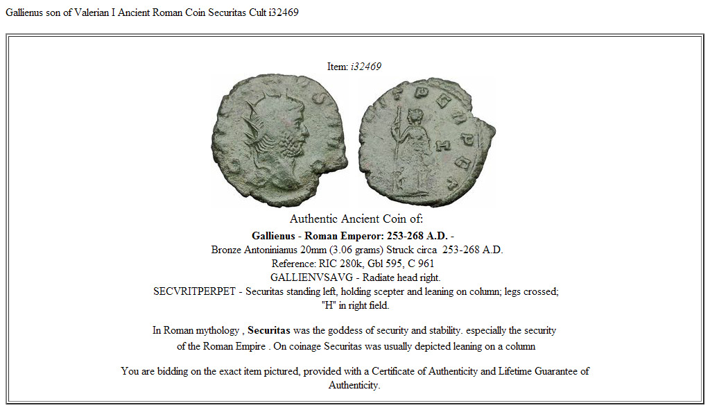 Gallienus son of Valerian I Ancient Roman Coin Securitas Cult i32469