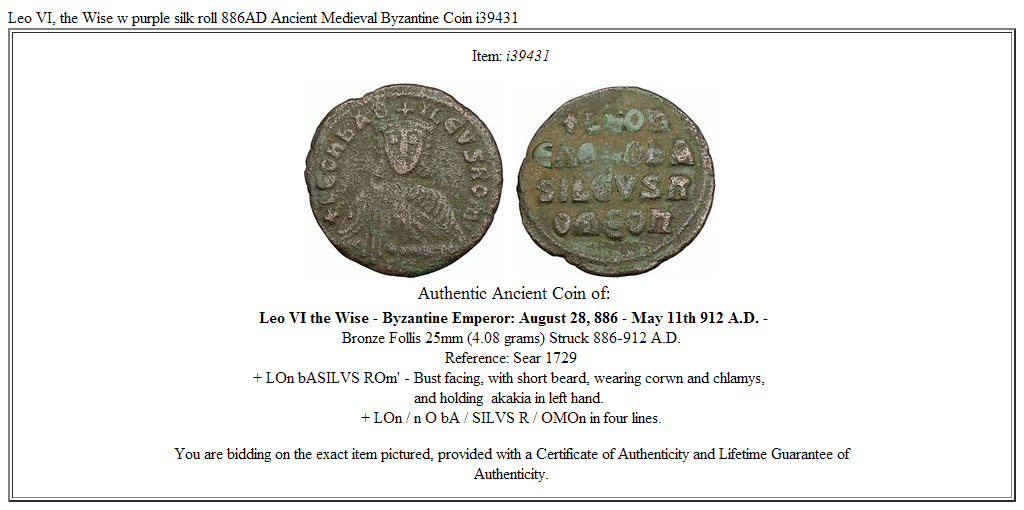 Leo VI, the Wise w purple silk roll 886AD Ancient Medieval Byzantine Coin i39431