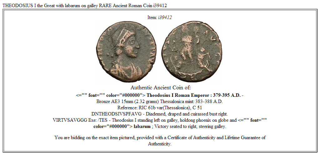 THEODOSIUS I the Great with labarum on galley RARE Ancient Roman Coin i39412