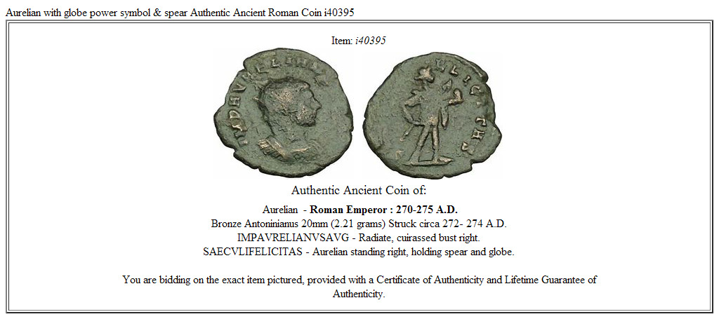 Aurelian with globe power symbol & spear Authentic Ancient Roman Coin i40395