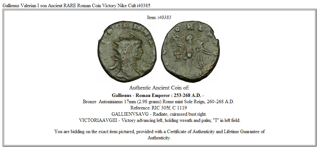 Gallienus Valerian I son Ancient RARE Roman Coin Victory Nike Cult i40385