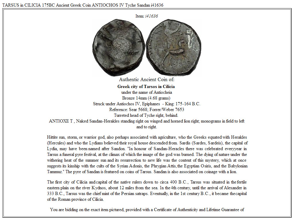 TARSUS in CILICIA 175BC Ancient Greek Coin ANTIOCHOS IV Tyche Sandan i41636