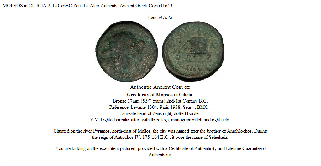 MOPSOS in CILICIA 2-1stCenBC Zeus Lit Altar Authentic Ancient Greek Coin i41643