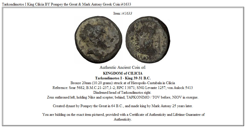 Tarkondimotos I King Cilicia BY Pompey the Great & Mark Antony Greek Coin i41633