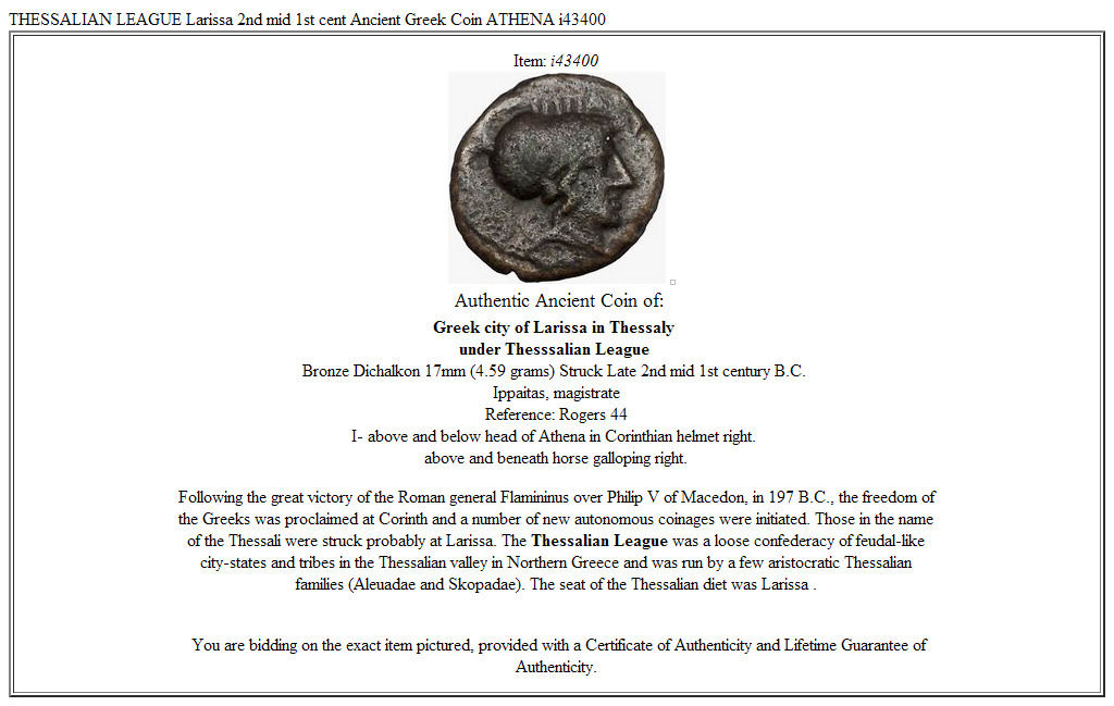 THESSALIAN LEAGUE Larissa 2nd – mid 1st cent Ancient Greek Coin ATHENA i43400